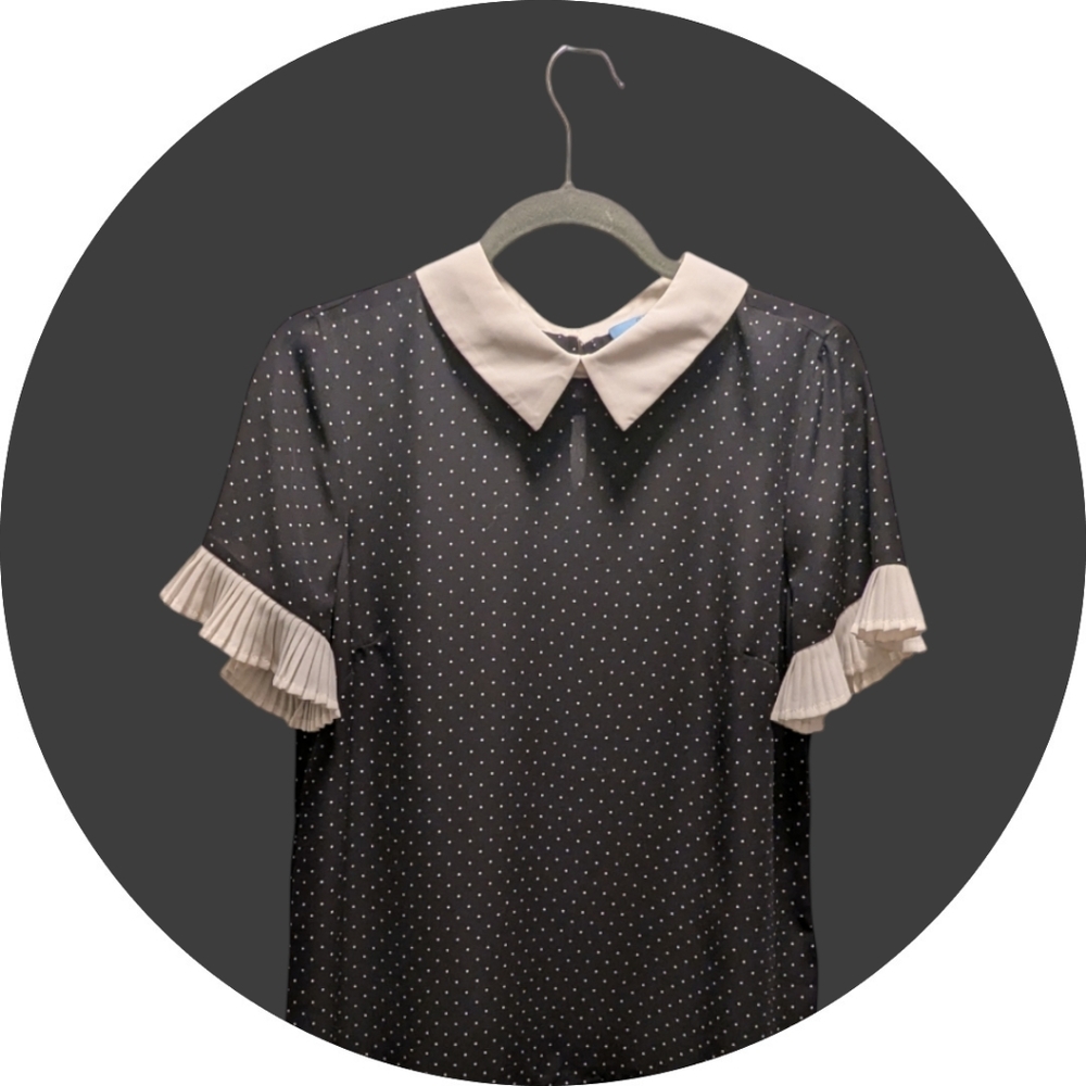 CeCe Polka Dot Black and White Blouse + Pleated Sleeves - Medium